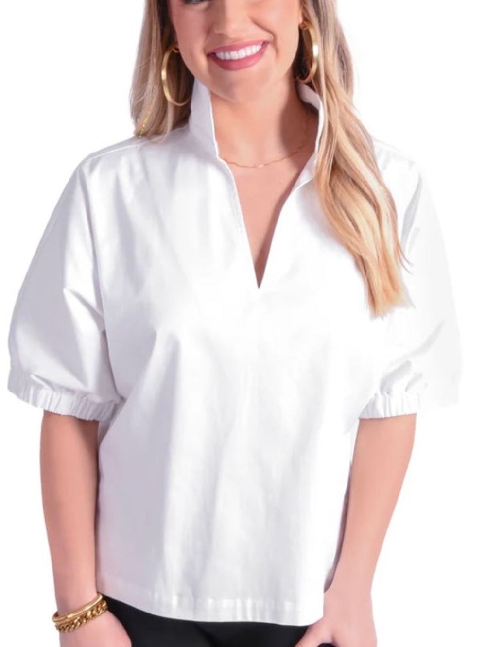 Women's White Split-Neck Puff Sleeve Blouse